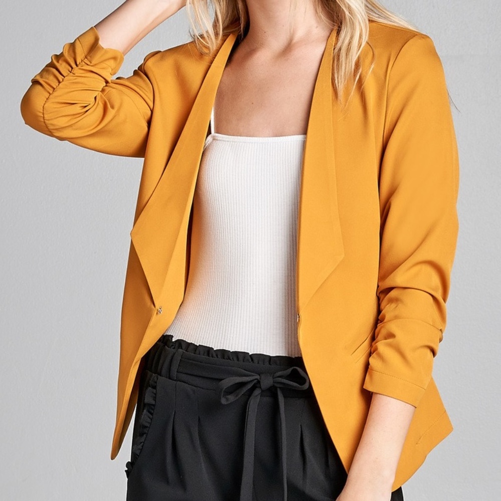 MUSTARD FASHION 3/4 SHIRRING SLEEVE OPEN FRONT